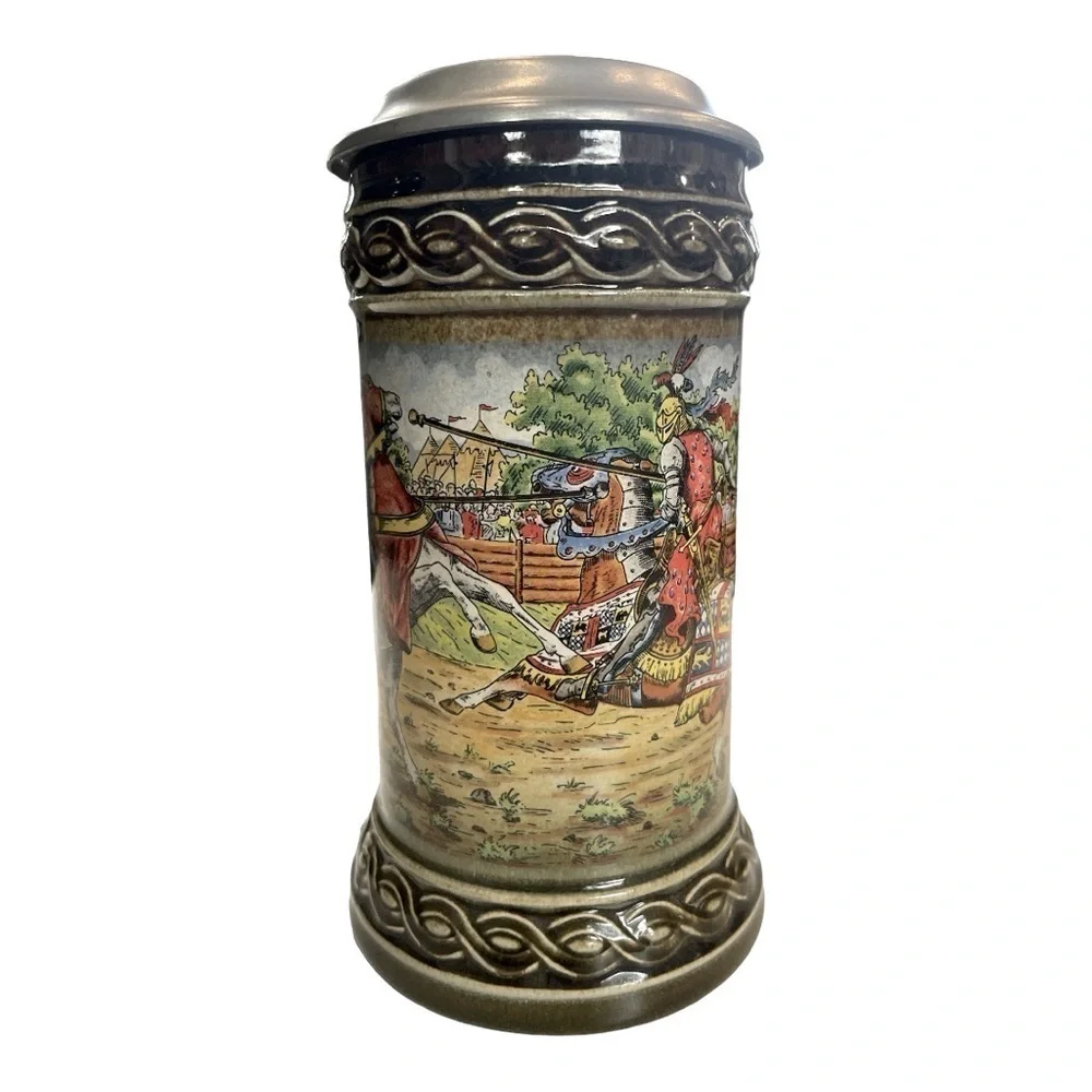 Vintage Staffel W Germany English Jousters Pewter Lid Beer Stein 7”